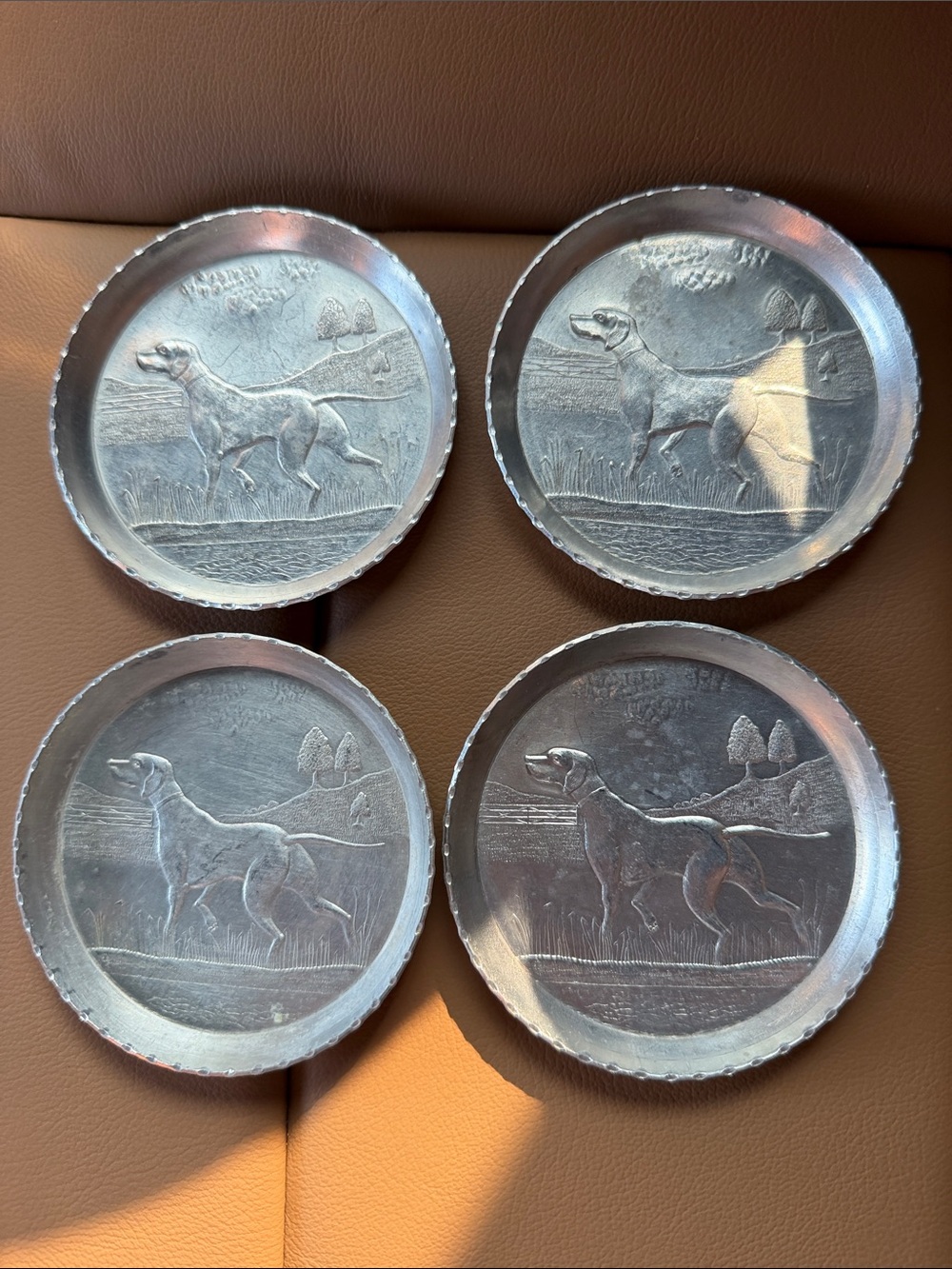 Vintage Mid Century Set of 4 Aluminum Dog Relief Coasters 3 1/4